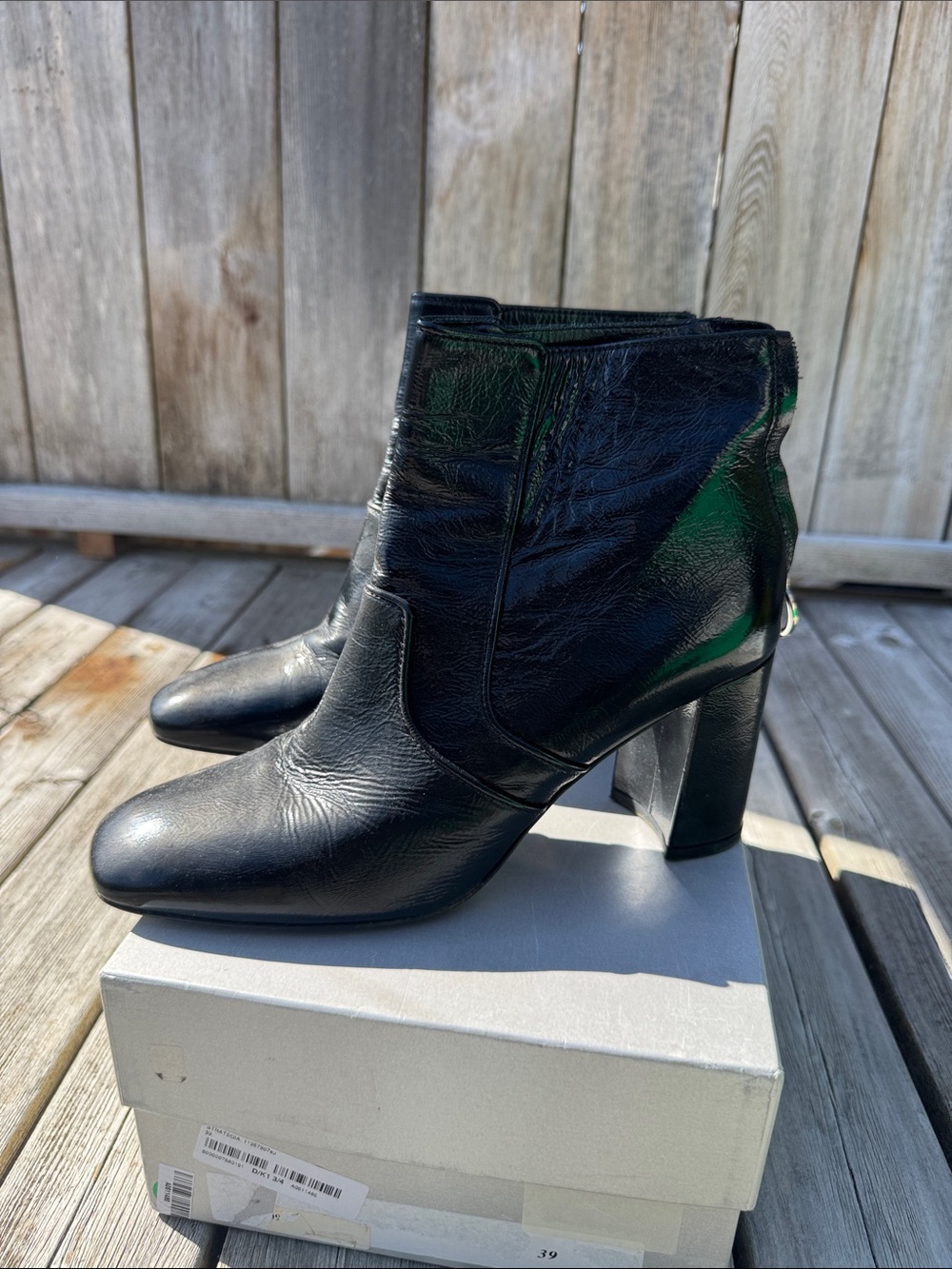 Women's Black Patent Leather Ankle Booties with Block Heel
